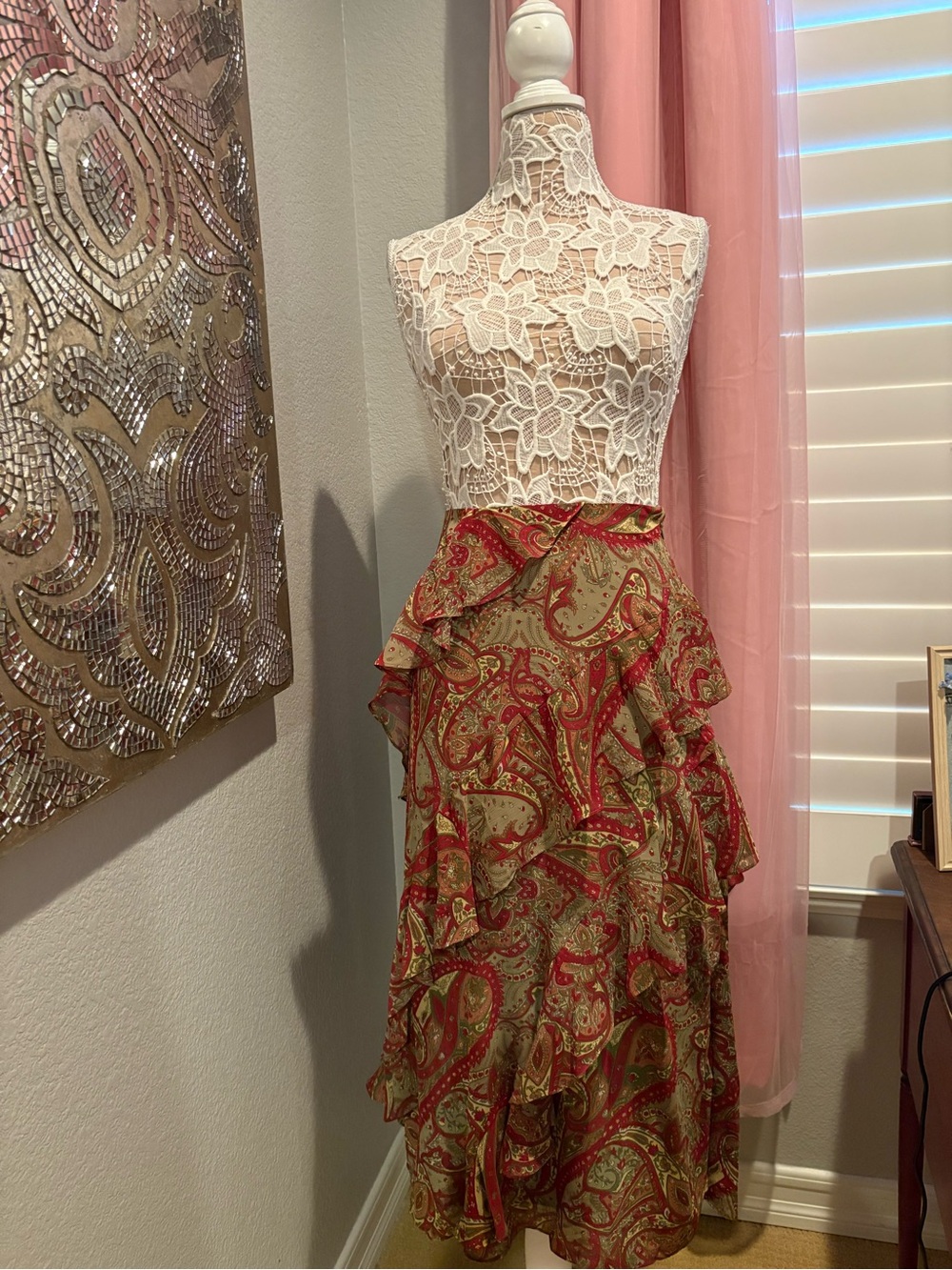 Ralph Lauren Red Paisley Tiered Maxi Skirt on Olive Base